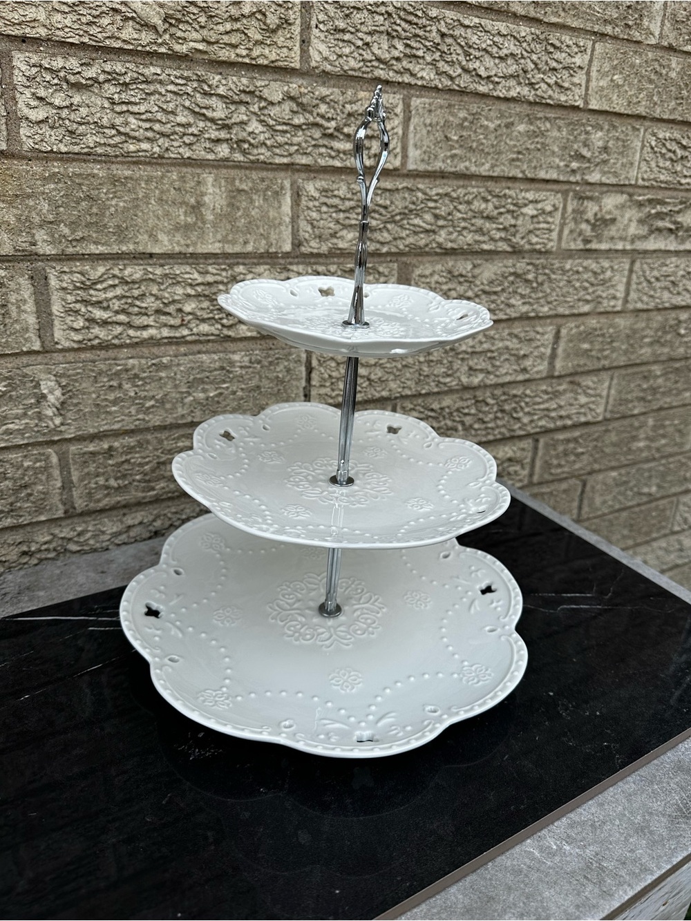3-Tier White Ceramic embossed Serving Stand - Elegant Dessert Display